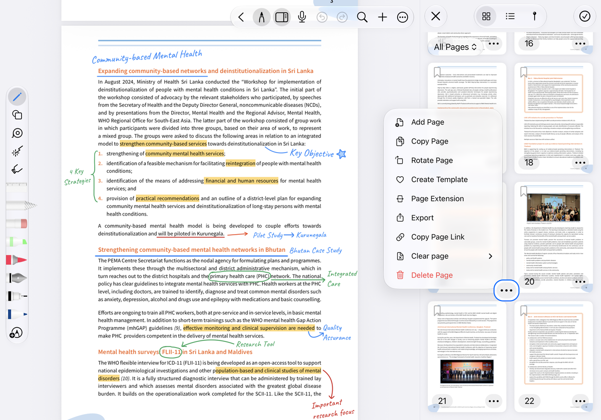 PDF 右侧显示 All Pages(所有页面)缩略图列表,单页更多菜单中包含 Copy Page(拷贝页面),缩略图右下角的更多按钮被蓝色圆圈标出,列表右上角可见多选入口。